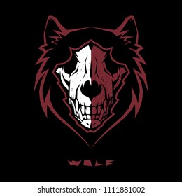 Angry wolf head, dark red and white wolf skull vector logo design.