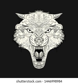 angry wolf head draw engraving vector illustration