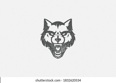 Angry wolf head growling as symbol strength wildlife hand drawn stamp effect vector illustration. Vintage grunge texture on old paper for poster or label decoration.