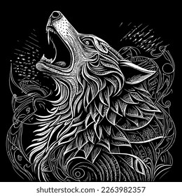 La imagen artística de la línea de la cabeza del lobo enojado es un retrato asombrosamente detallado del animal feroz y majestuoso, capturando su intensa expresión y sus rasgos agudos con líneas precisas y sombreado