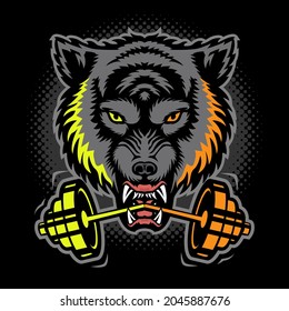 Angry wolf head mascot with barbell in mouth