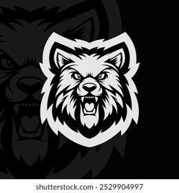 Angry wolf head mascot character logo design, black white