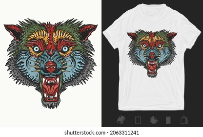 Cabeza de lobo enojada. Arte vectorial del tatuaje de la vieja escuela. Diseño de camisetas. Retrato agresivo de hombre lobo. Animal gótico. Impresión creativa para la ropa. Plantilla para carteles, textiles, prendas de vestir