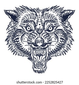 Cabeza de lobo enojada. Arte vectorial del tatuaje de la vieja escuela. Retrato agresivo de hombre lobo. Animal gótico. Arte vectorial del tatuaje de la vieja escuela. Gráfico dibujado a mano. Aislado en blanco. Tatuajes tradicionales de flash