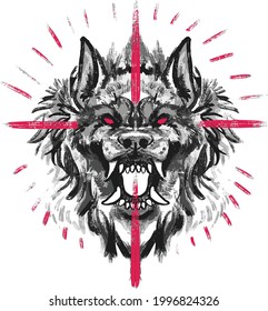 Angry wolf head with red cross. Watercolor hand drawn illustration converted into vector on transparent background.