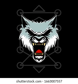 angry wolf head with sacred geometry hand drawn illustration for t-shirt and other merchandise.