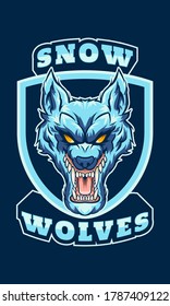 Angry wolf head show his sharp teeth. Wolf head mascot with the words snow wolves will look great on your logo or emblem