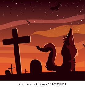 angry wolf howling in cemetery scene