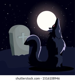 angry wolf howling in cemetery scene