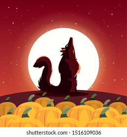 angry wolf howling to the moon in scene of halloween