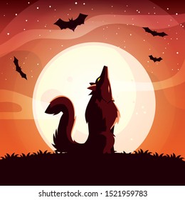 angry wolf howling to the moon in scene of halloween vector illustration design