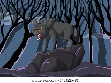 Angry wolf howling on a rock at night