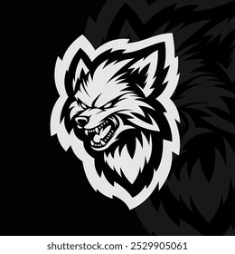 Diseño del logotipo del personaje de la mascota del lobo enojado, blanco negro