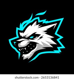 Logotipo do mascote do Angry Wolf. Crachá de mascote de lobo ousado e dinâmico, perfeito para equipes esportivas, clubes atléticos e esportes.