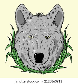 Angry wolf shows teeth, wolf grin, wolf head, black and white drawing for t-shirt