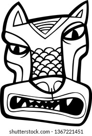 Angry wolf snout is showing teeth. Black and white vector illustration.