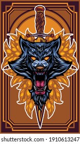 angry wolf with the sword stuck illustration