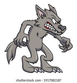 Angry wolve cartoon illustration with a stick club. Isolated image on white background. Fantasy werewolf mascot character. 