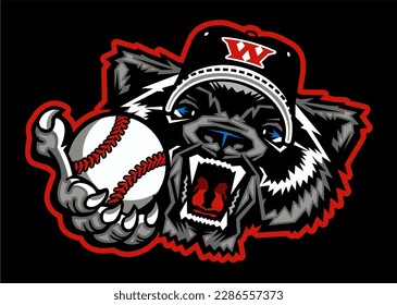 angry wolverine mascot holding baseball for school, college or league sports