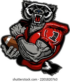 angry wolverine mascot holding a football for school, college or league