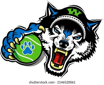 angry wolves mascot holding tennis ball for school, college or league	