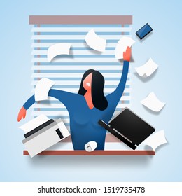 An angry woman accountant in stress sits at a table scattering documents and paper. Busy businesswoman overworked professional. Vector illustration.