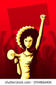 Angry woman with afro hairstyle and loudspeaker raised up her fist with crowd of people with flag and hands raised in the air on the background. Revolution, political protest. Vector