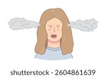 Angry woman in anger, steam coming out of her ears. Emotional expression of problems. Unhappy girl upset and angry. Control of emotions. Vector illustration. EPS10