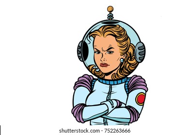 angry woman astronaut isolated on white background. Comic book cartoon pop art retro vector illustration drawing