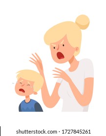 Angry woman. Baby boy crying, female screaming. Bullying, domestic violence and abusing. Isolated mother and son vector illustration