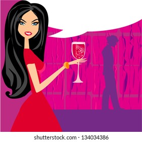 Angry Woman  in bar with man silhouette drinking cocktail