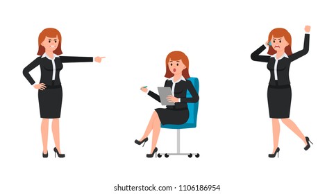 Angry woman in black business suit shouting on smartphone, pointing finger. Surprised woman sitting on office chair and writing notes. Vector illustration of cartoon character upset businesswomen