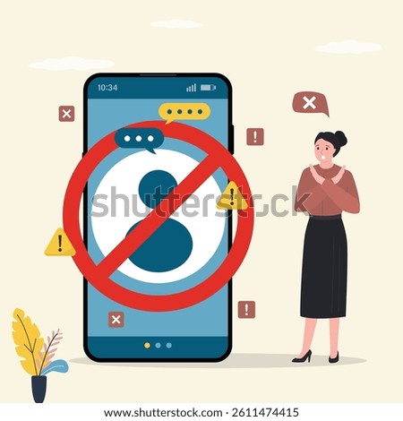 Angry woman blocked unknown profile in social network or messenger. Smartphone with blocked user account, privacy in social media. Blocking disturbing and annoying accounts. Person symbol in ban sign.