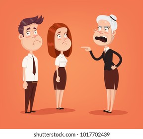 Angry woman boss character scream on employee office workers. Vector flat cartoon illustration