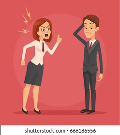 Angry Woman Boss Character Yelling At Employee Man Office Worker. Vector Flat Cartoon Illustration