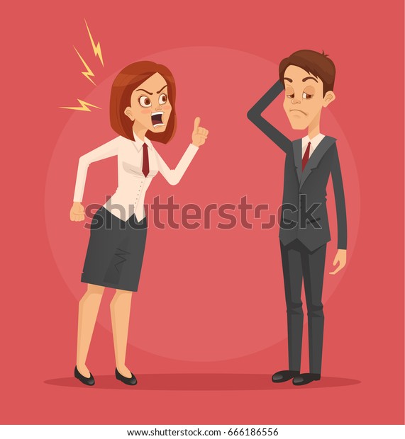 怒った女性の上司が社員の男性のオフィスワーカーに怒鳴りつける ベクター平面の漫画イラスト のベクター画像素材 ロイヤリティフリー