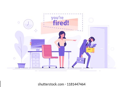 Angry woman boss dismisses employee. Fired sad man carrying box with his things. Dismissal, unemployment, jobless and employee job reduction concept. Flat vector illustration.