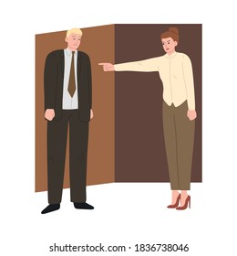 Angry woman boss poitning and firing sad man manager from office