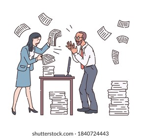 The angry woman boss shouted at the subordinate because of the failure of the deadline. The concept of office chaos. Vector line illustration on a white background.