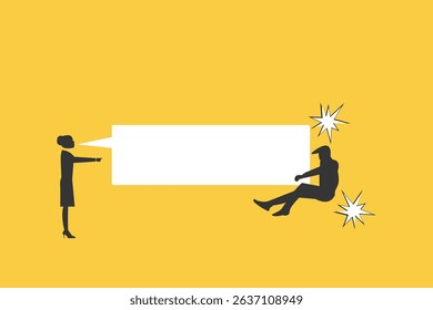 Angry woman boss show power shout at scared subordinate. Psychological pressure. Vector illustration