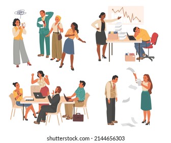 Angry Woman Boss Vector. Business Scene Set. Female Anger Character Shouting At Employee Office Team. Conflict And Stress At Workplace. Crazy Businesswoman And Upset Crew