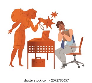 Angry woman boss yelling at scared secretary. Evil boss and stressed staff vector illustration