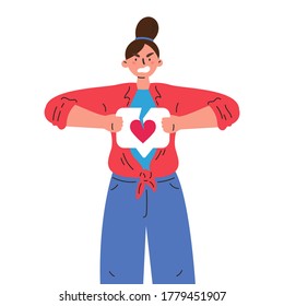 Angry woman with broken like button with heart.Teenager tearing like.Negative sad emotions.Addiction to internet approval and validation.Vector illustration in flat cartoon style.Colourful character.
