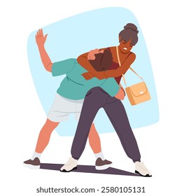 Angry woman cartoon character applying hand grip on male thief neck defending herself successfully vector illustration. Strong lady fighting criminal person preventing violence and harmful behavior