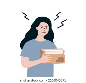 Angry Woman Character Receives Damaged Parcel. Customer Hand Holding Broken Package Brought From Online Shop. Delivery Service, Couriers, Transportation Concept. Flat Cartoon Vector Illustration.