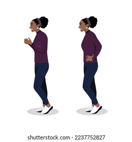 Personaje de mujer enojada parado en dos poses. Perfil de vista lateral con tono iracundo. Ilustración vectorial plana aislada en fondo blanco