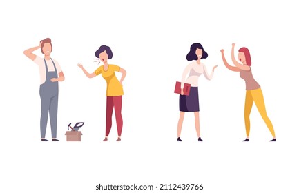 Angry Woman Chief Yelling at Employee and Subordinate Vector Set