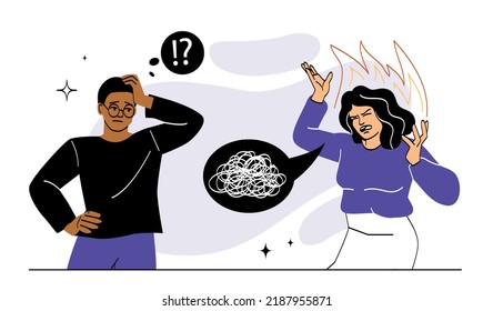 Angry woman concept. Young girl yells at man, boss dissatisfied with her subordinates. Problems in relations, quarrels and scandals. Emotions and expression. Cartoon flat vector illustration