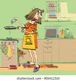 Angry woman cooking in the kitchen