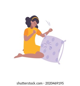 Angry woman coping with stress by beating pillow flat icon vector illustration